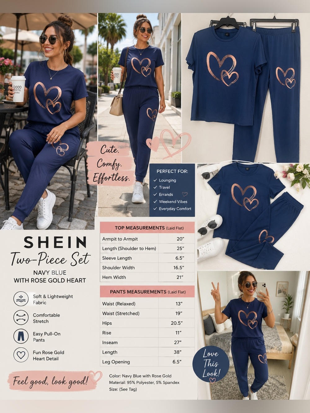 SHEIN Navy Blue Two-Piece Lounge Set with Rose Gold Heart Accents
